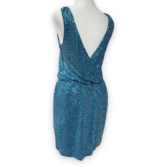 𝅺EXPRESS Teal Sequin Low Surplice Back Cocktail Mini Dress - Picture 8 of 14